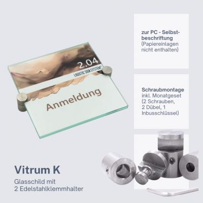 Türschild VITRUM K , Glasschild, Büroschild, Doppelglasschild